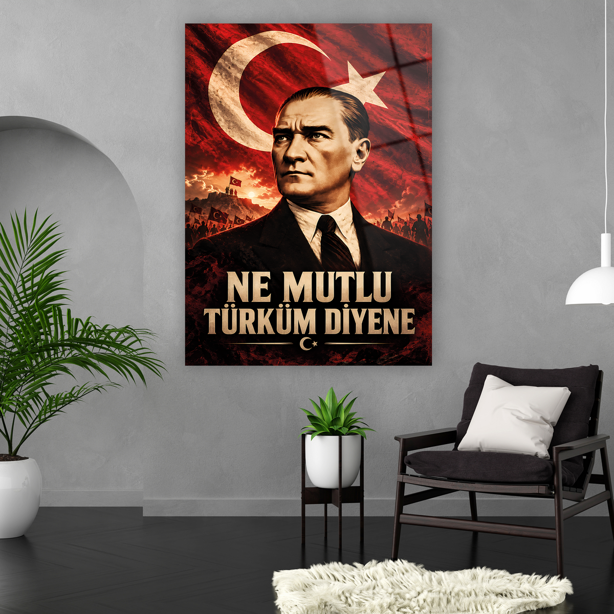 Kırmızı siyah tonlarda Atatürk sözlü dekoratif cam tablo