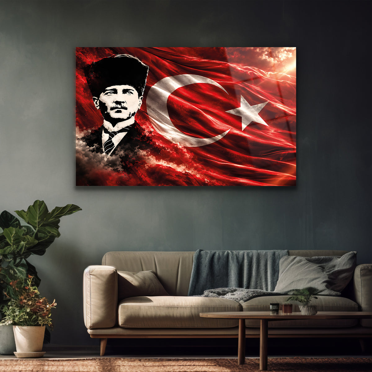 Türk bayraklı kalpaklı Atatürk dekoratif cam tablo