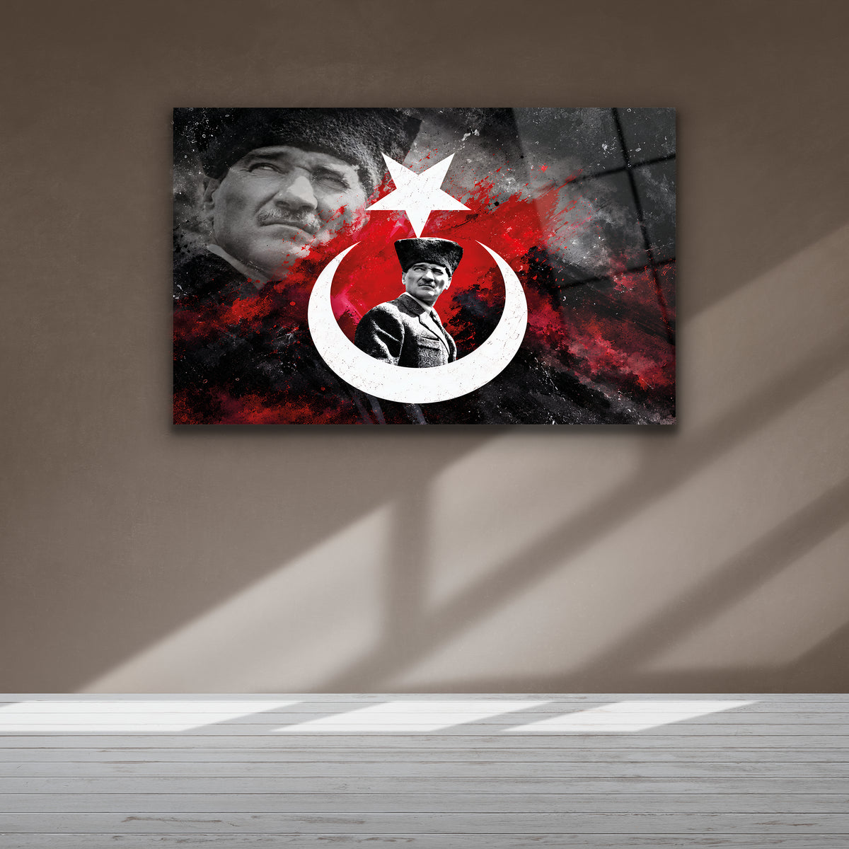 Kırmızı siyah sanatsal Atatürk cam tablo tasarımı