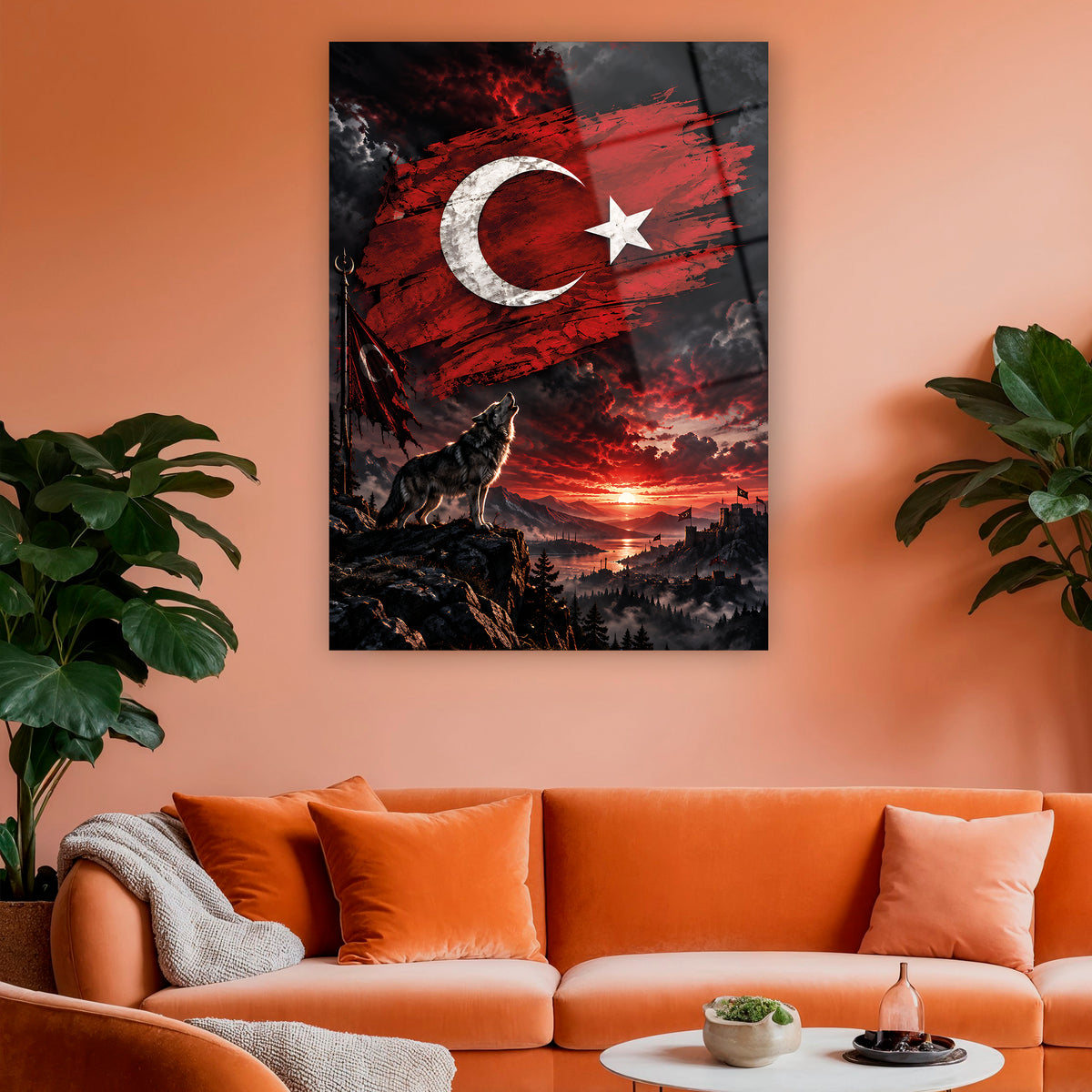 Ay yıldız sancak ve bozkurt figürlü temperli cam tablo