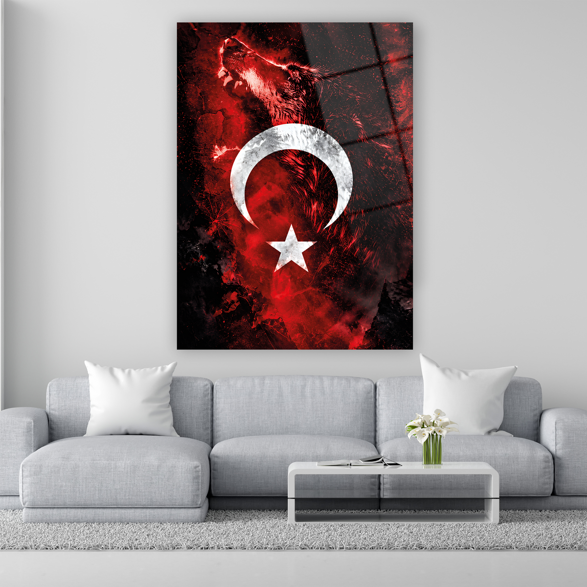 Uluyan bozkurt ve ay yıldız temalı cam tablo