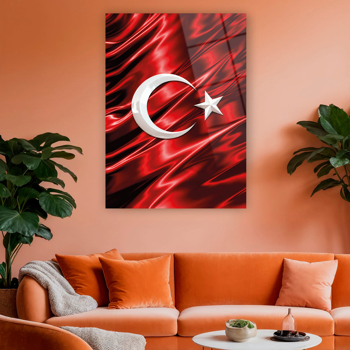 Beyaz ay yıldızlı modern temperli cam tablo