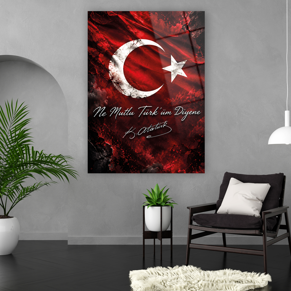 Kırmızı siyah ay yıldızlı Atatürk sözlü cam tablo