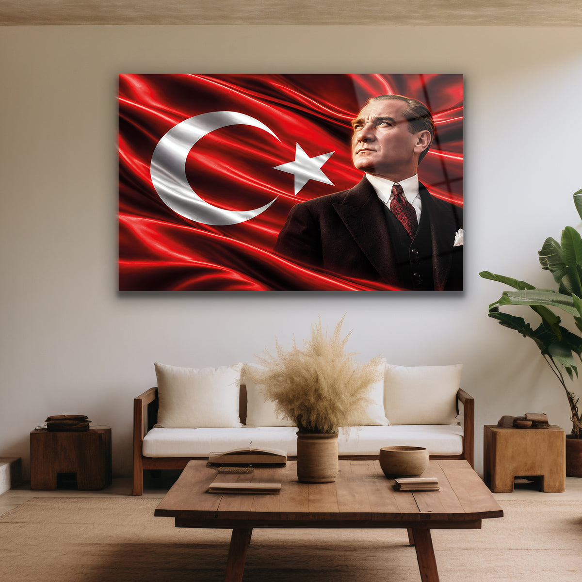 Kırmızı saten bayrak kıvrımları yanında ciddi bakışlı tarihî portre
