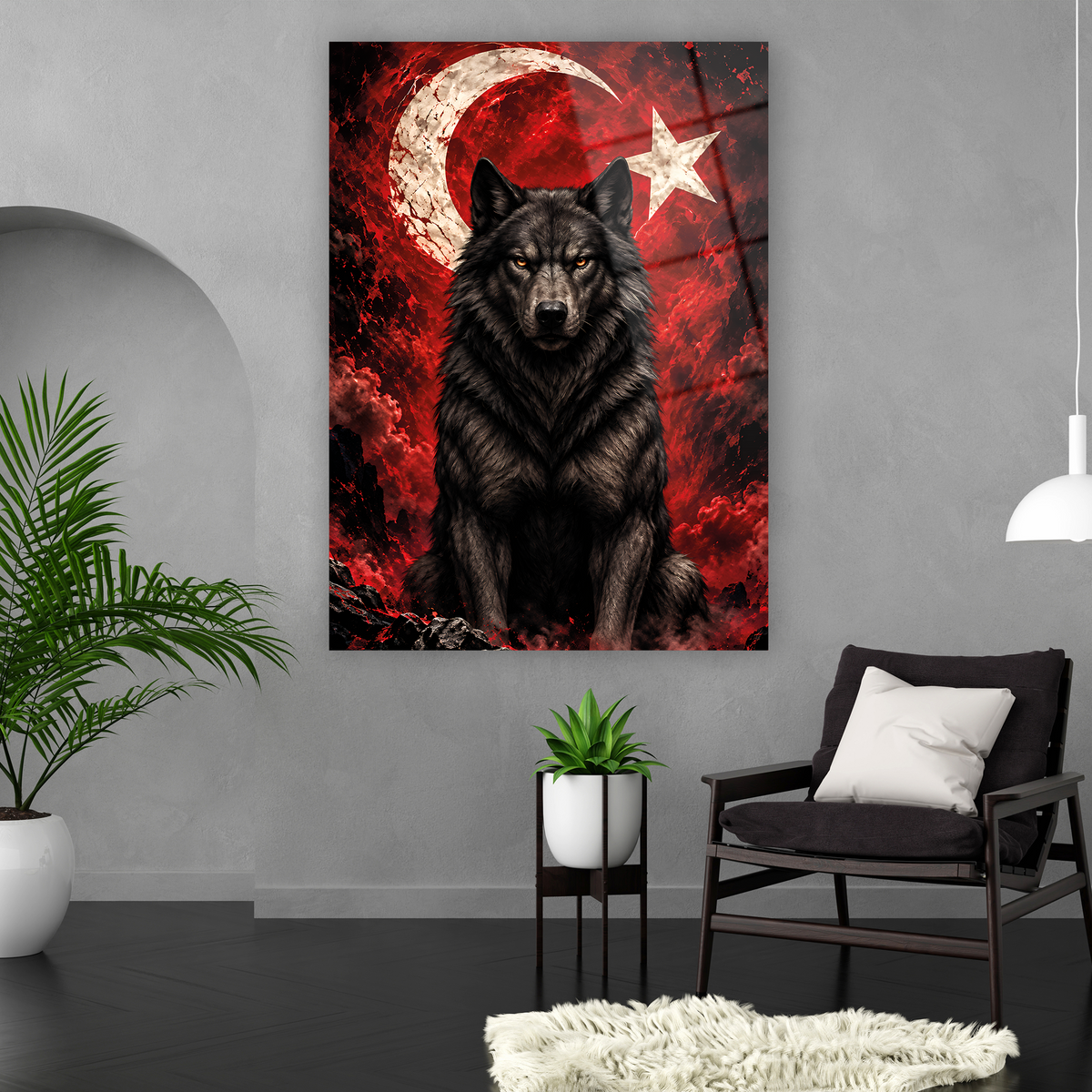 Koyu renk bozkurt Türk temalı cam tablo