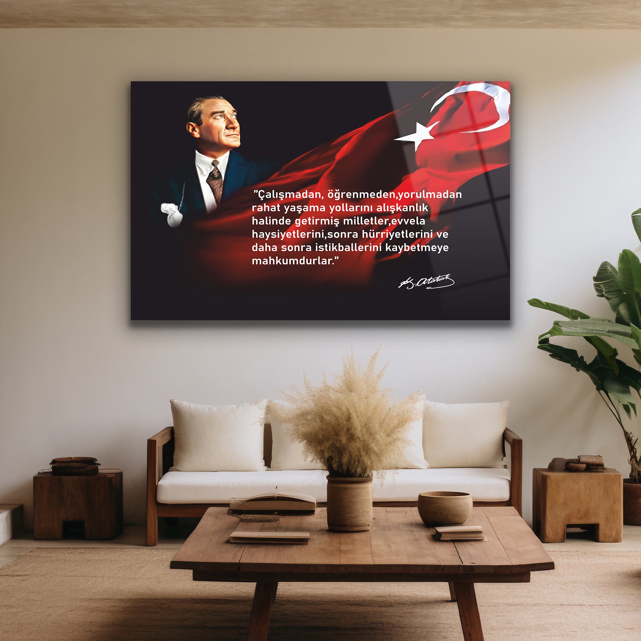 dalgalanan ay yıldızlı kırmızı zeminli mustafa kemal duvar dekoru