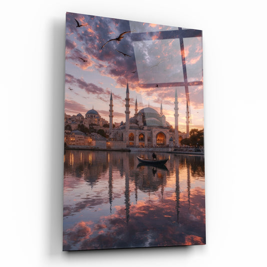 Gün Batımında Tarihi Cami ve Su Yansıması Cam Tablo