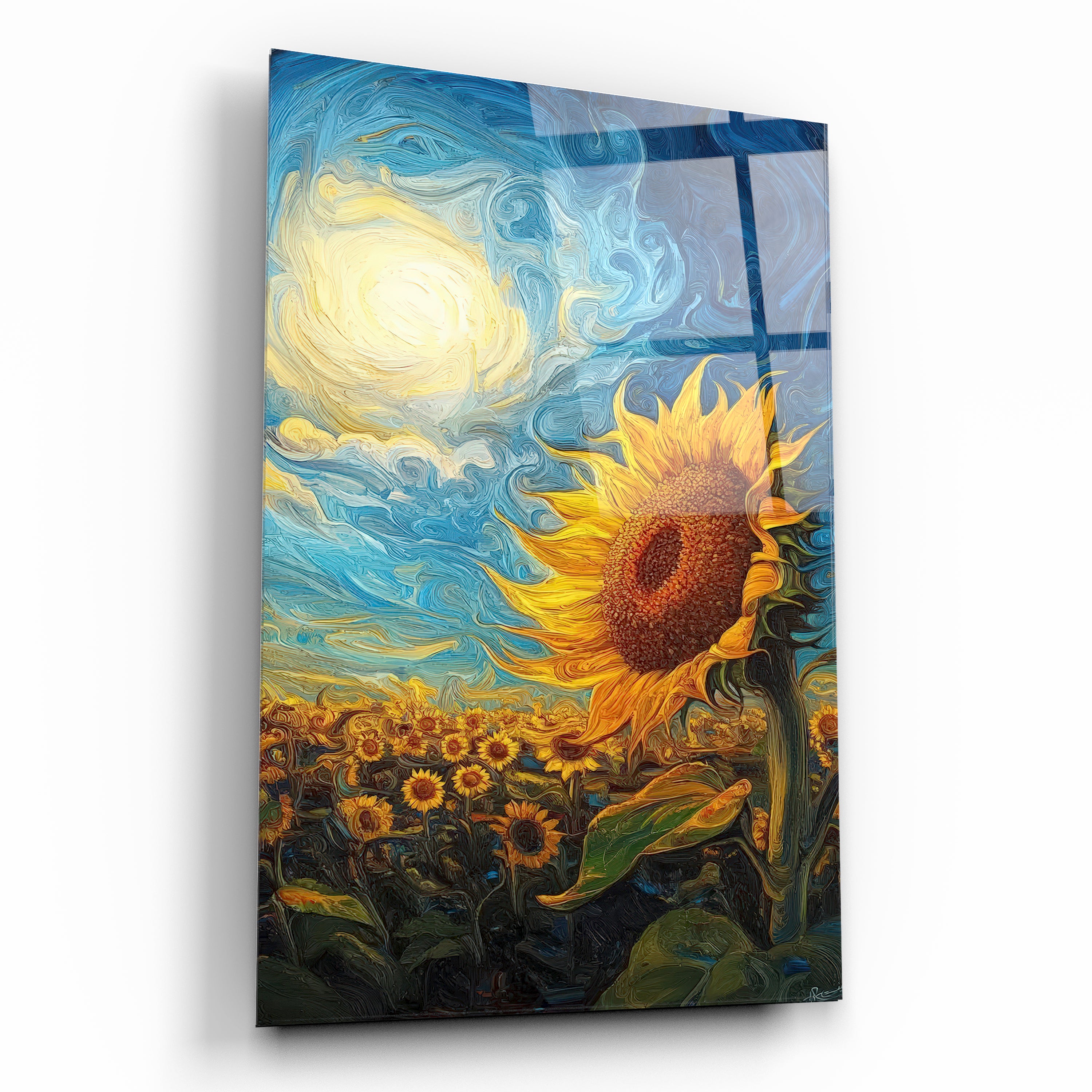 ayçiçeği tarlası cam tablo van gogh stili dönen gökyüzü