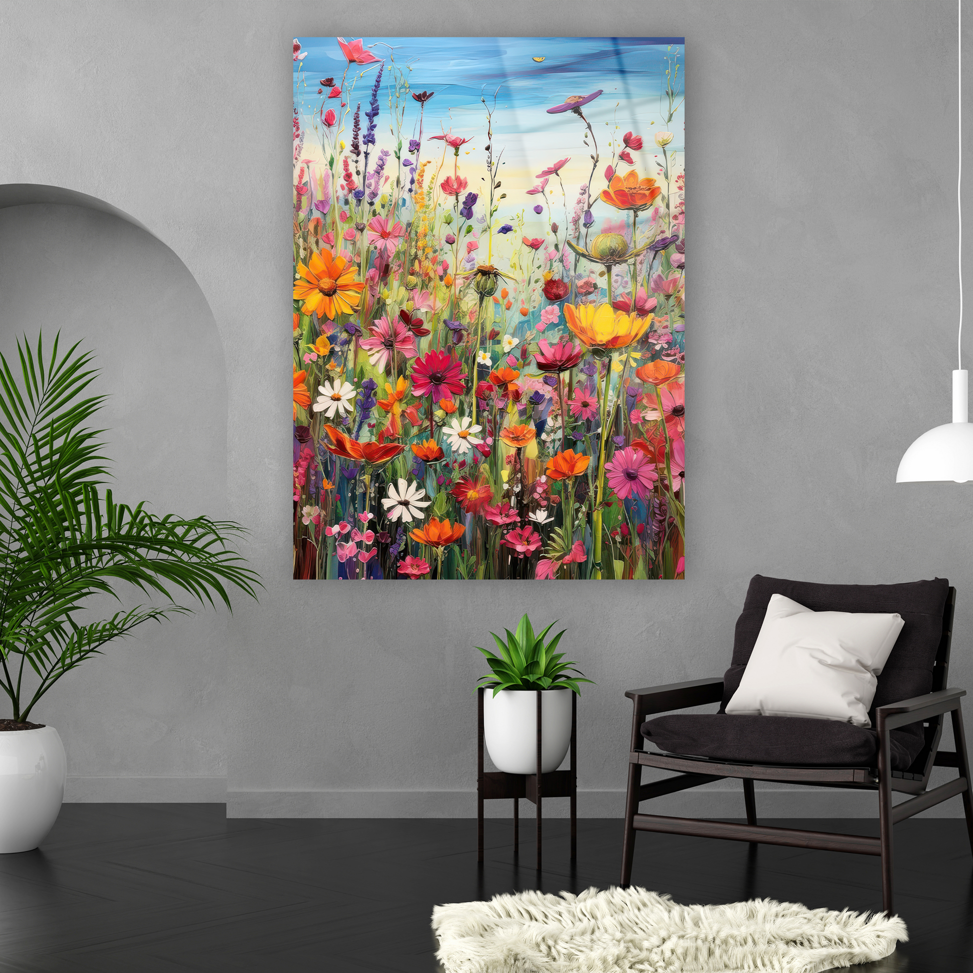 mavi gökyüzü ve çiçek tarlası duvar dekoru