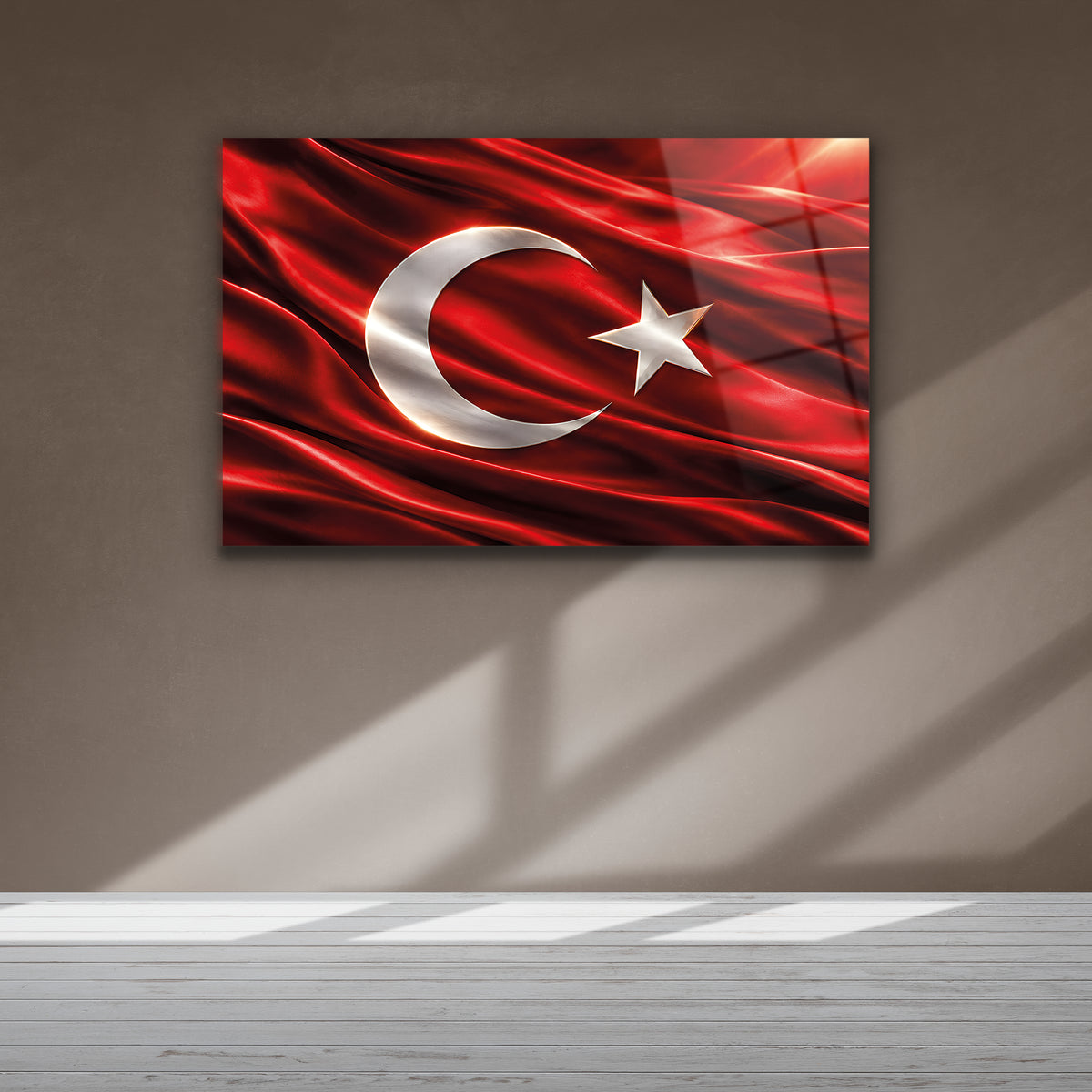 Dalgalı saten dokulu Türk Bayrağı temalı yatay cam tasarım