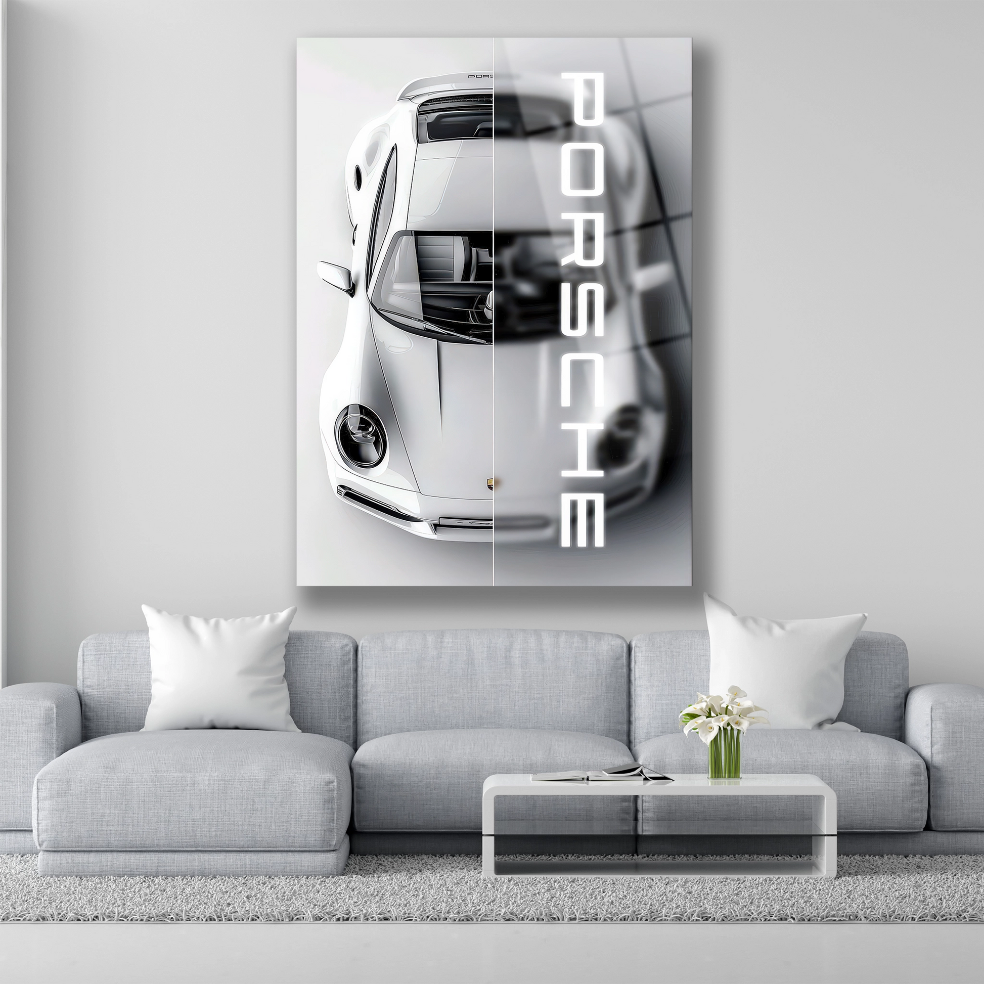 beyaz porsche 911 üstten görünüm cam tablo