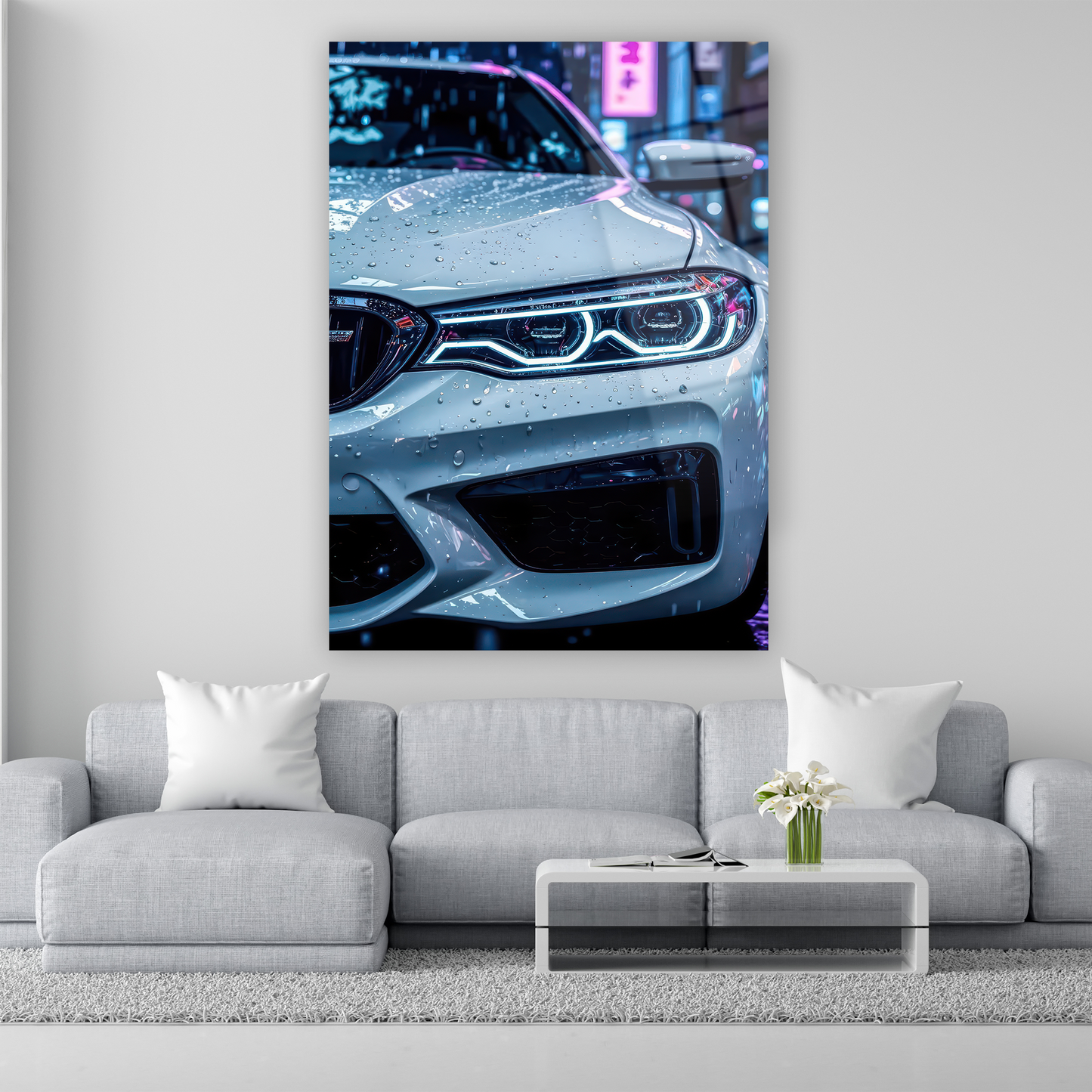 yağmur damlalı beyaz spor araba cam tablo