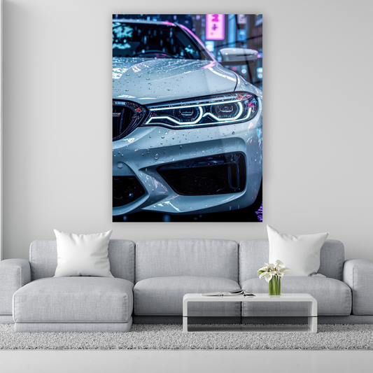 yağmur damlalı beyaz spor araba cam tablo