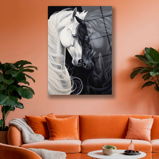 Yatak odası duvarında asılı romantik at temalı siyah beyaz cam pano