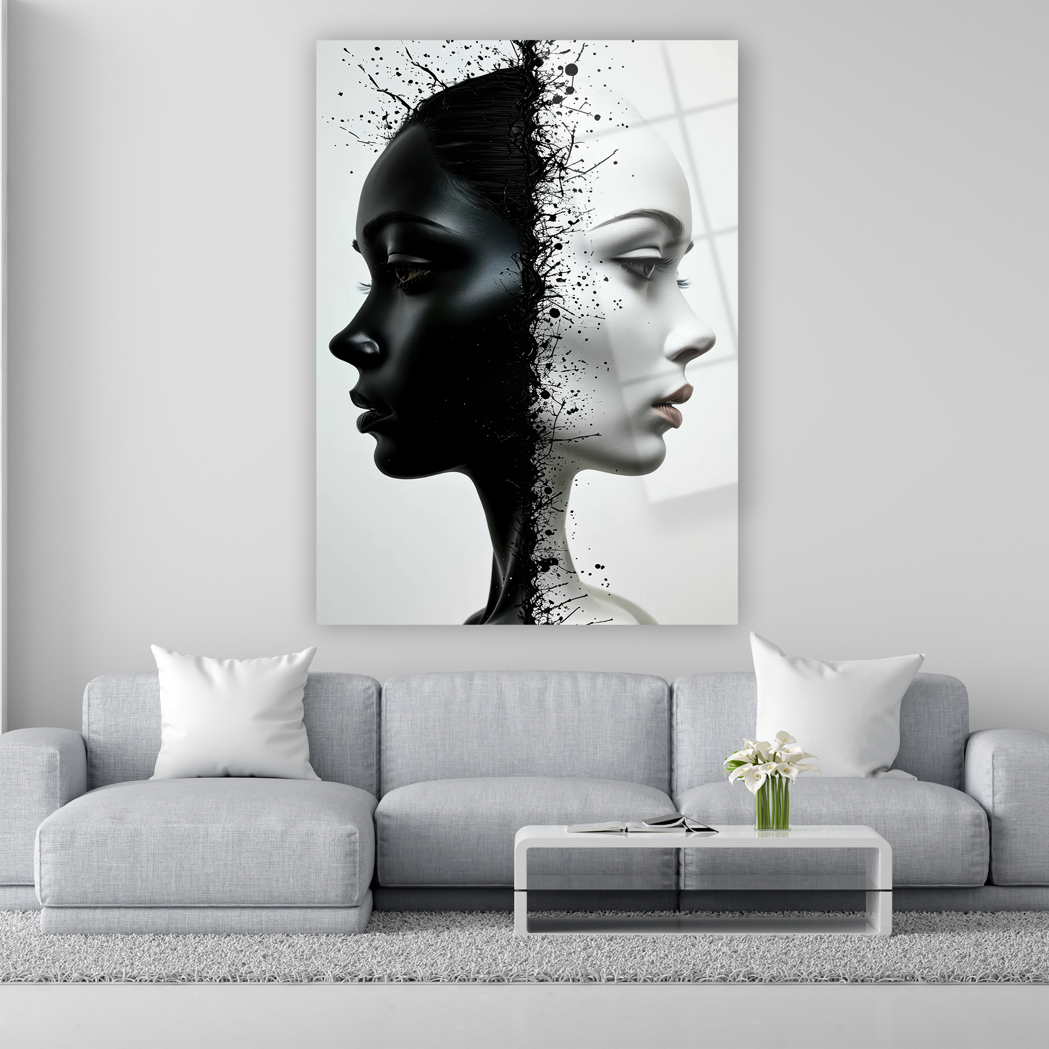 black and white dual face splatter art