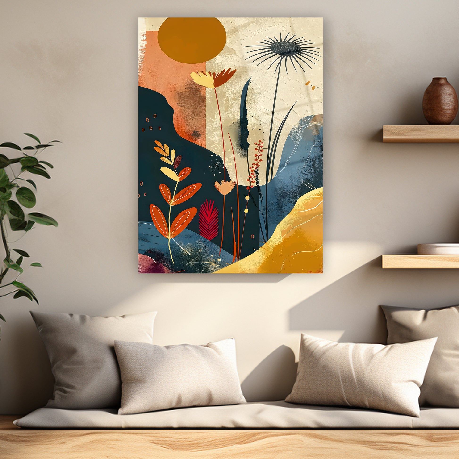 mid-century modern soyut yaprak ve çiçek posteri