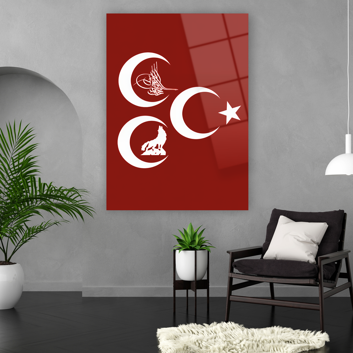 Üç hilal ay yıldız bozkurt dekoratif cam tablo