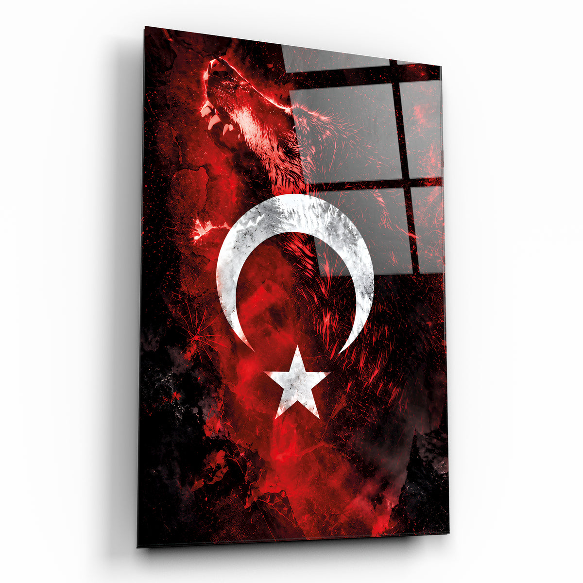 Bozkurt Türk Bayrağı kırmızı siyah cam tablo