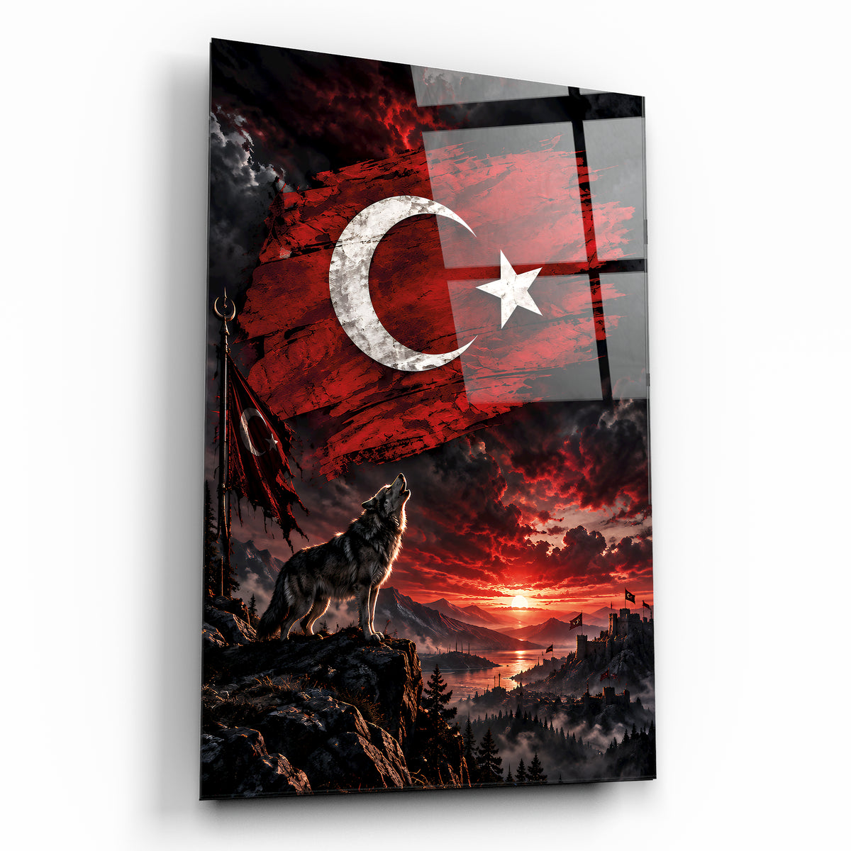 Bozkurt Türk Sancağı kırmızı siyah cam tablo