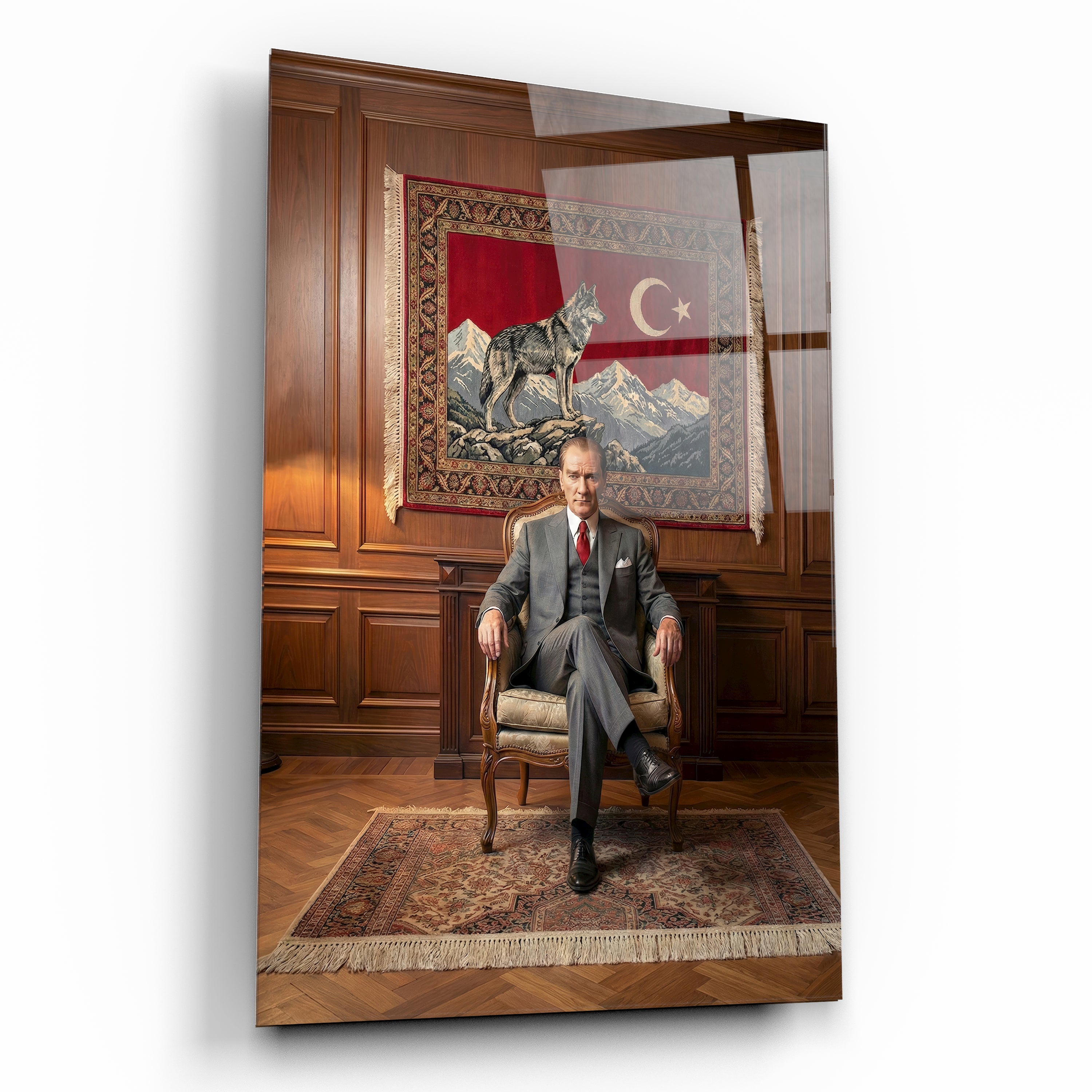 Atatürk Cam Tablo - Bozkurt Motifli ve Ahşap Dekorlu Makam Portresi