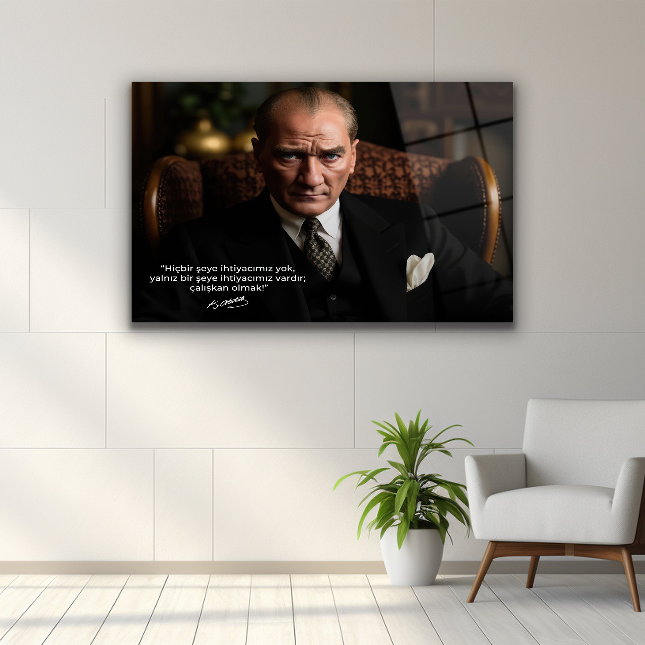 çalışkan olmak sözü yazılı atatürk portresi cam tablo