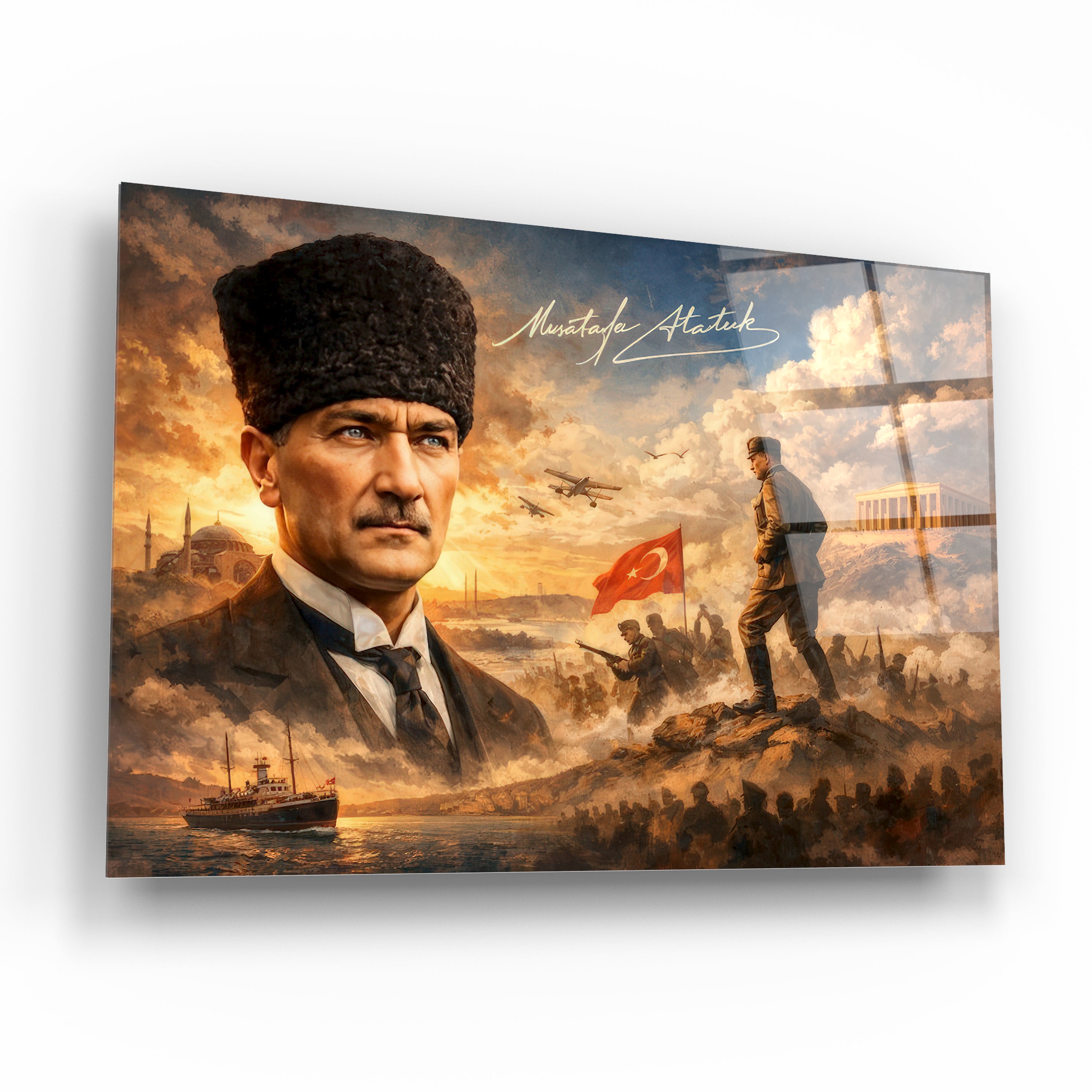 Atatürk Cam Tablo - Milli Mücadele ve Tarihi Destan Temalı Kolaj
