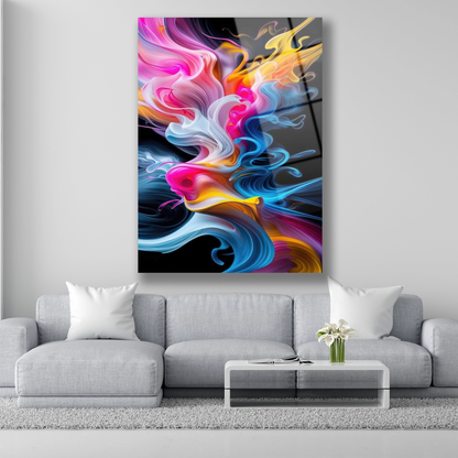 Siyah zemin üzerinde pembe mavi sarı duman efektli soyut cam tablo