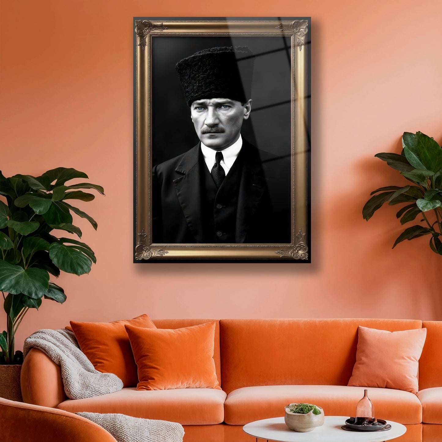 Gri koltuklu modern salonda asılı mavi dalga desenli cam duvar dekoru