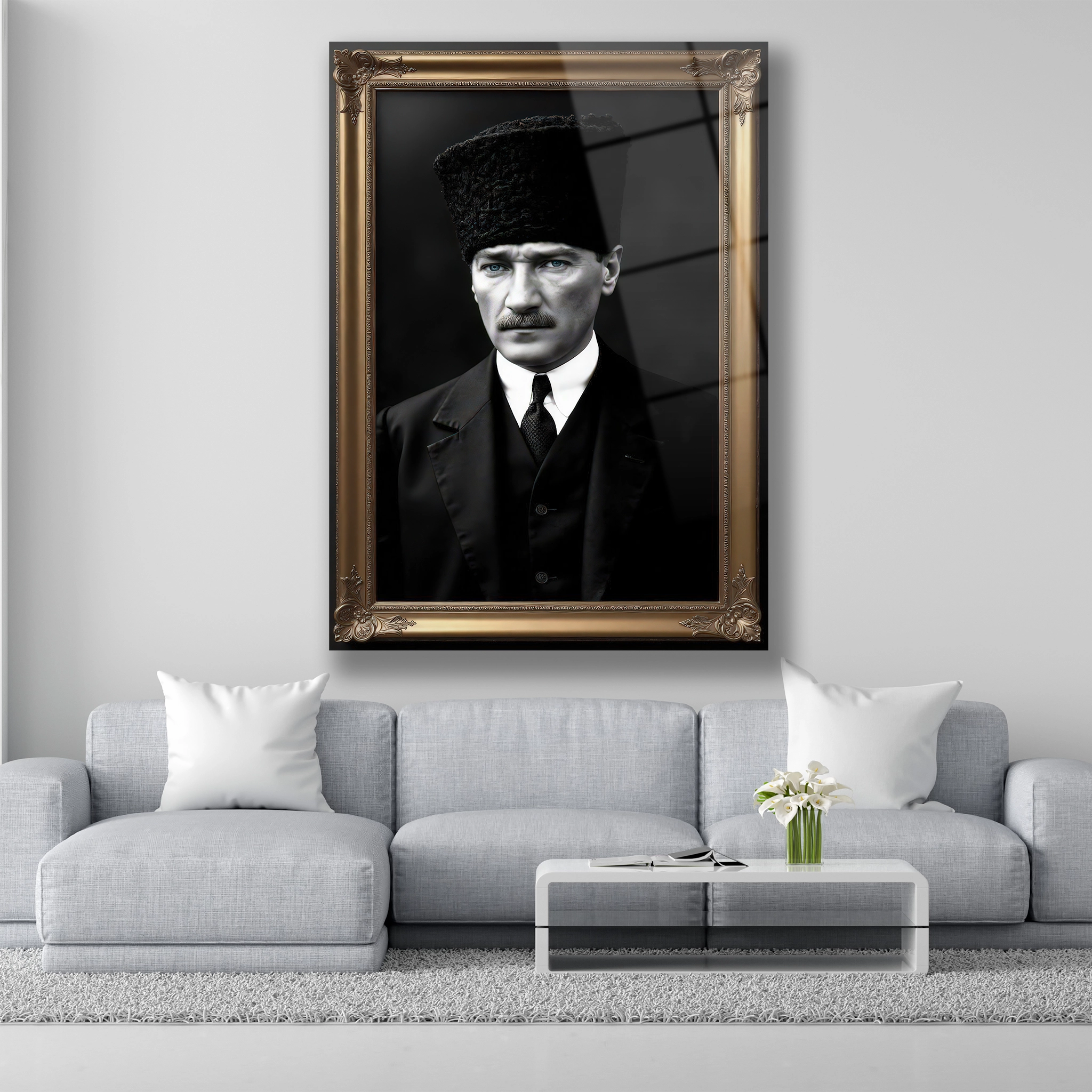 Mavi beyaz katmanlı kağıt sanatı görünümlü soyut cam tablo