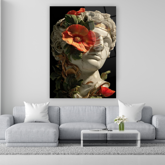 gözünde kırmızı çiçek olan mermer heykel cam tablo