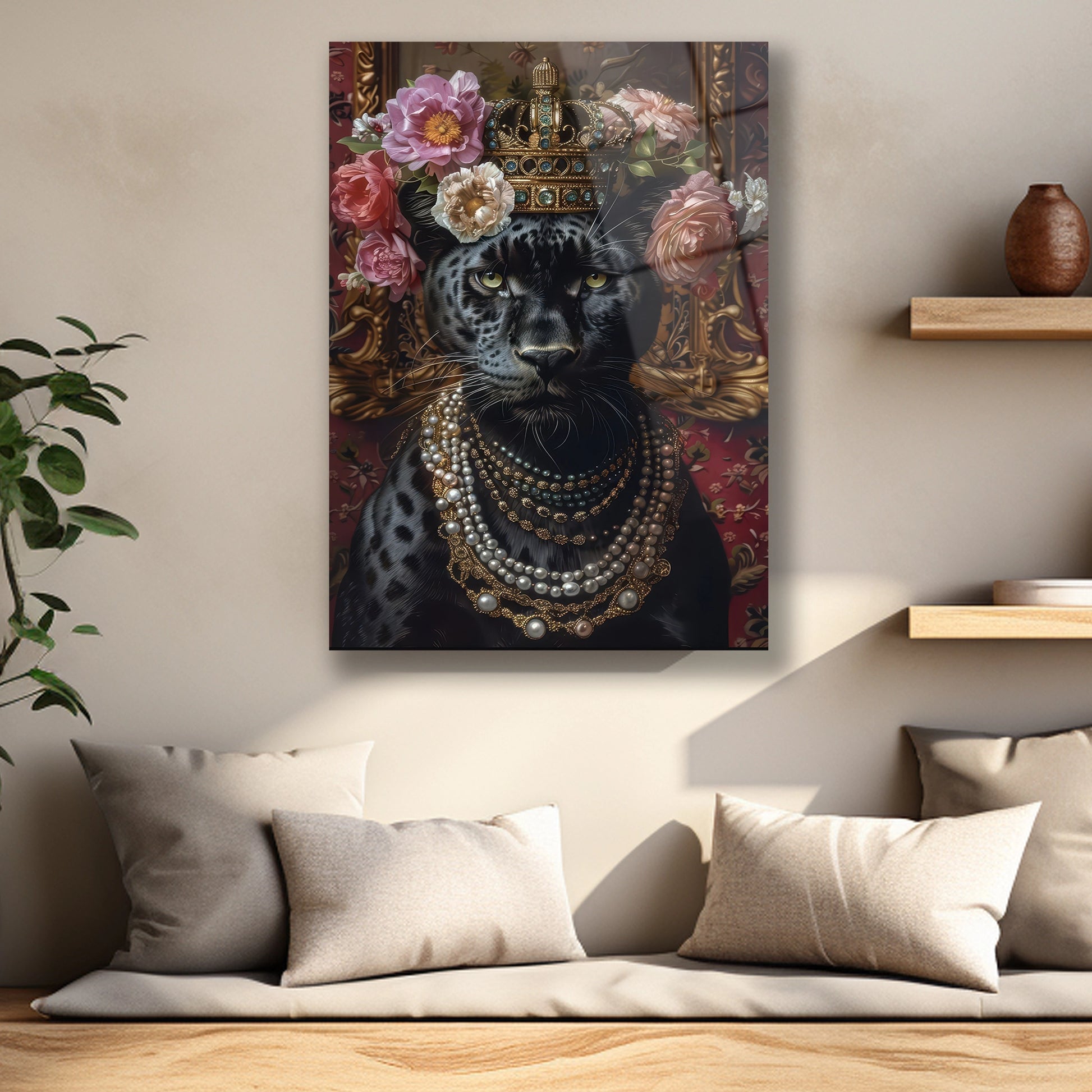 Barok tarzda çiçekli ve mücevherli siyah leopar cam baskı detayı