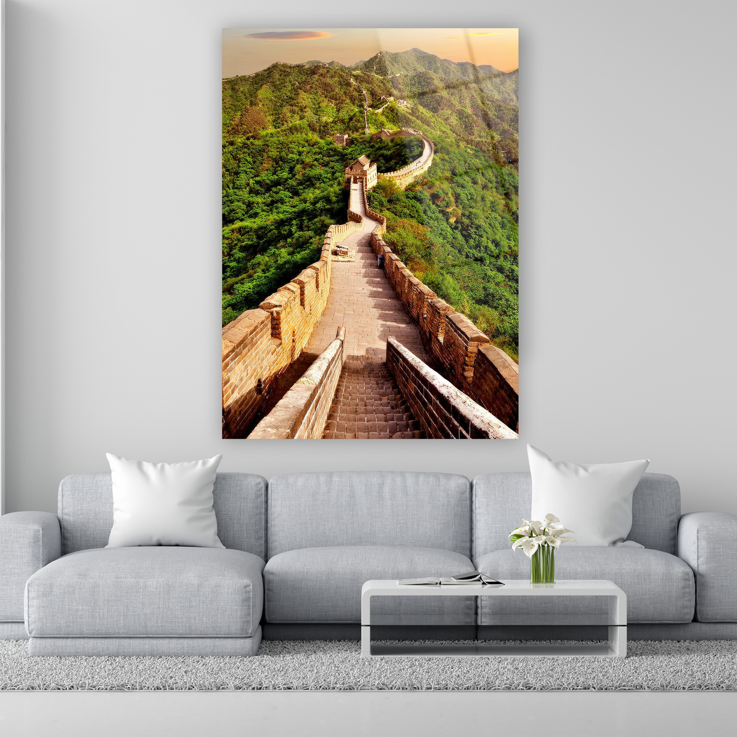 çin seddi ve yeşil dağlar manzaralı cam tablo