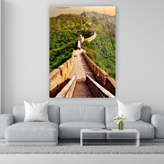 çin seddi ve yeşil dağlar manzaralı cam tablo