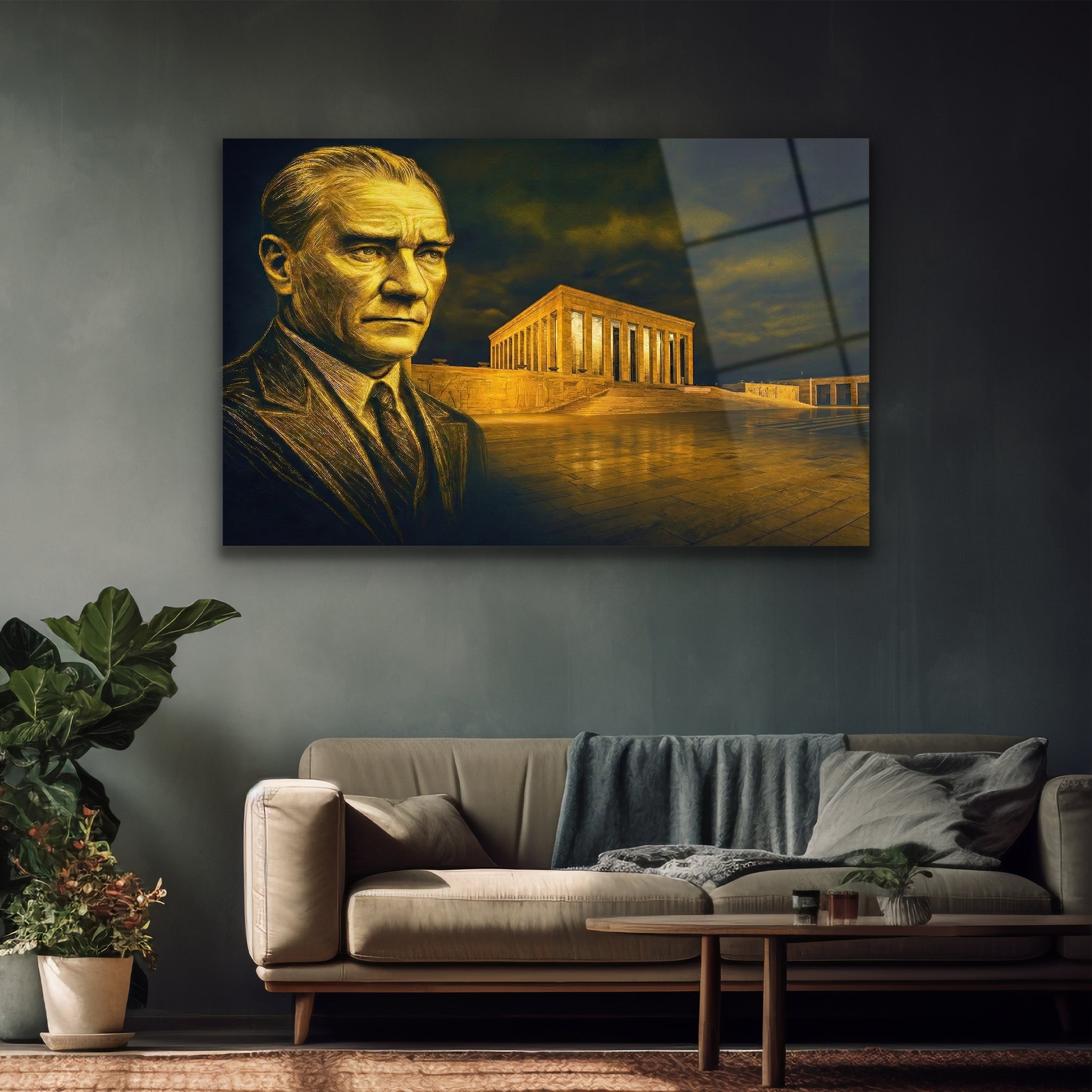 Atatürk ve Anıtkabir Cam Tablo featuring a portrait of Atatürk with Anıtkabir in the background.