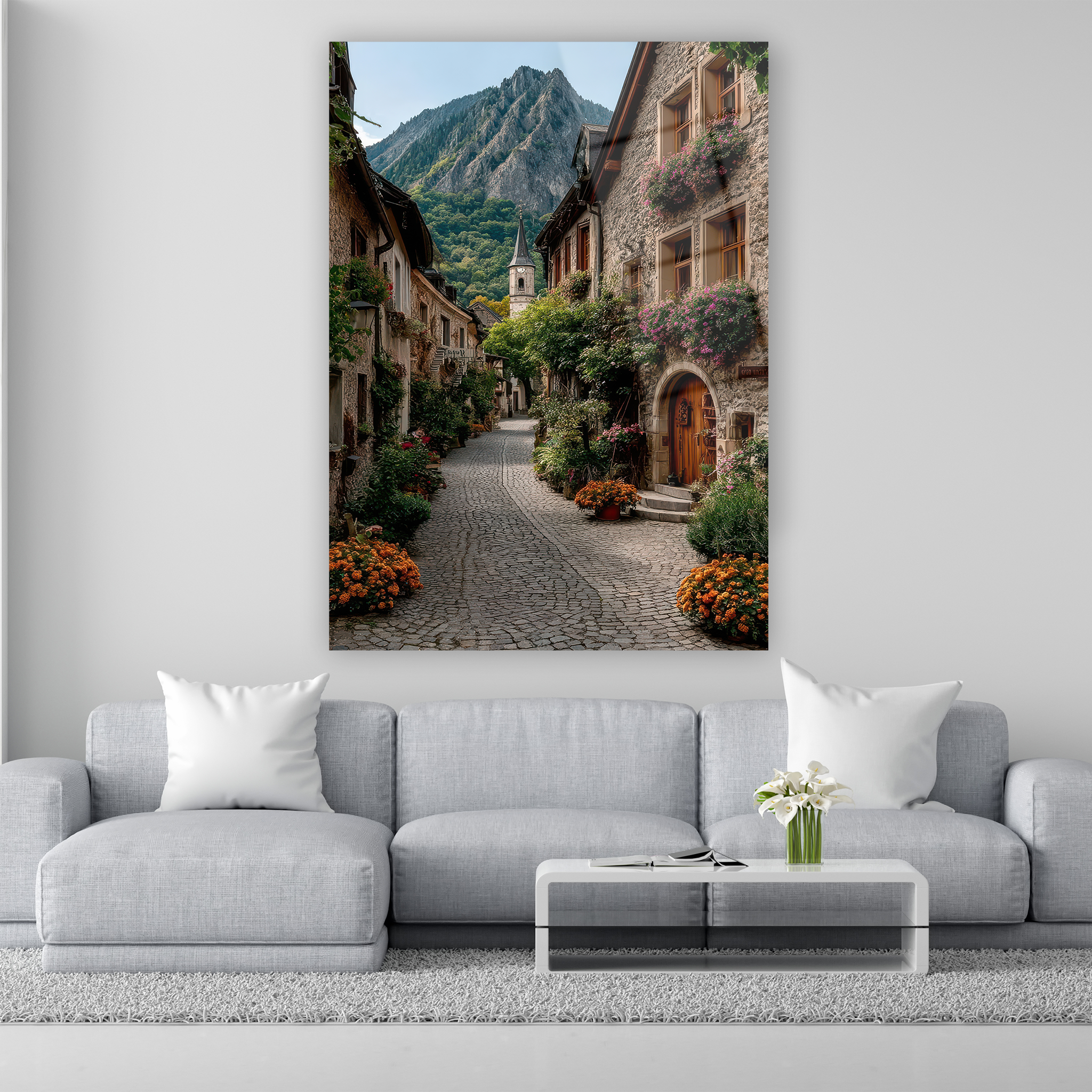 historic village street mountain view glass art