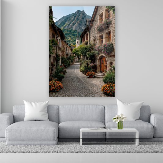 historic village street mountain view glass art