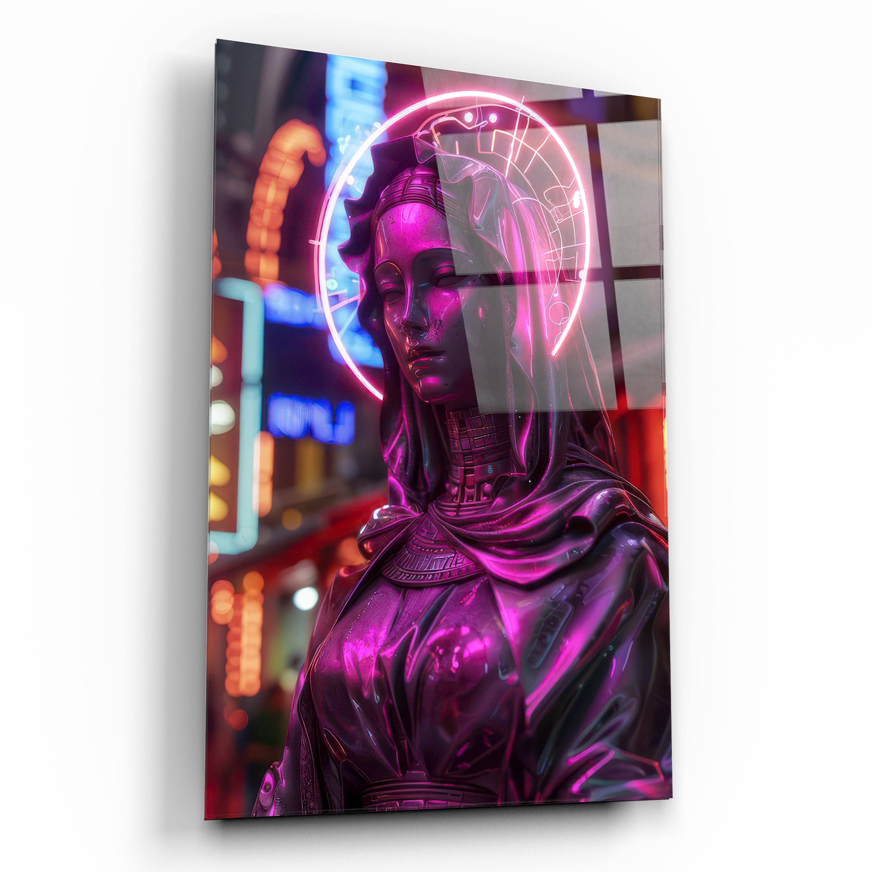 Cyberpunk Meryem Ana ve Neon Teknoloji Temalı Cam Tablo