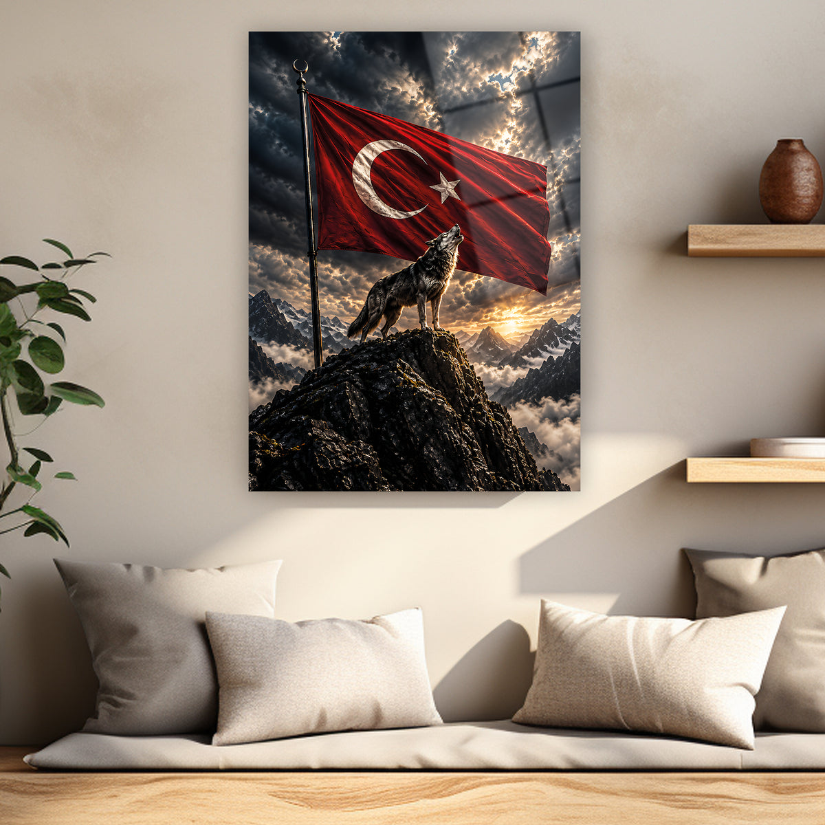 Kayalık üzerinde bozkurt ve dalgalanan Türk Bayrağı duvar tablosu