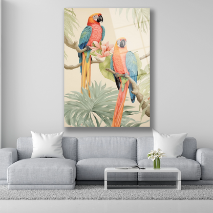 Vintage tarzda çizilmiş iki renkli papağan ve tropikal çiçekli cam tablo