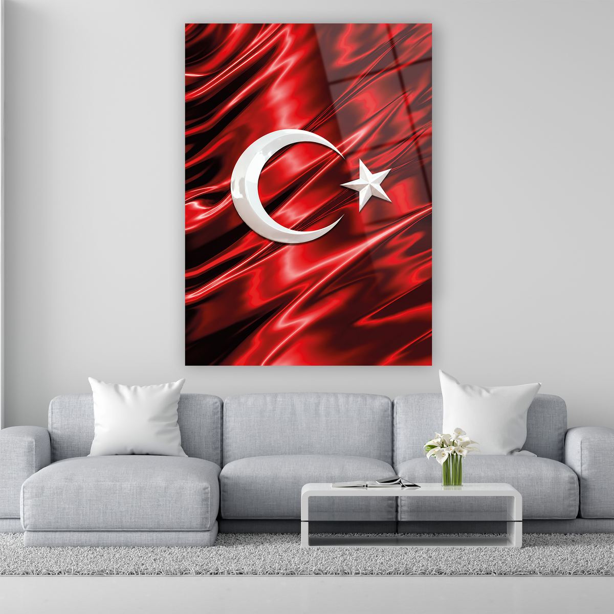 Dalgalı kırmızı zeminli Türk Bayrağı cam tablo
