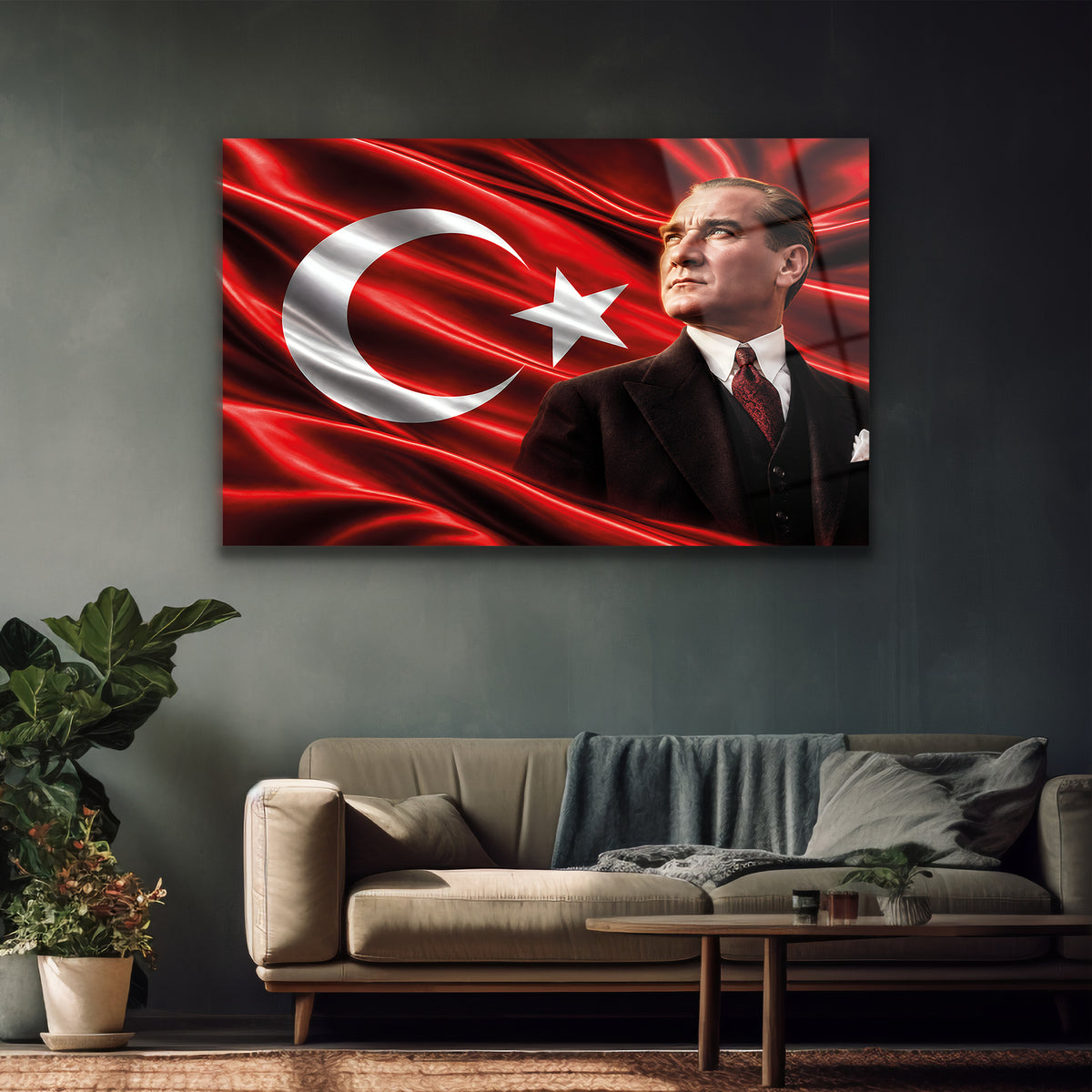 Kırmızı beyaz bayrak fonu ile koyu takım elbiseli lider portresi