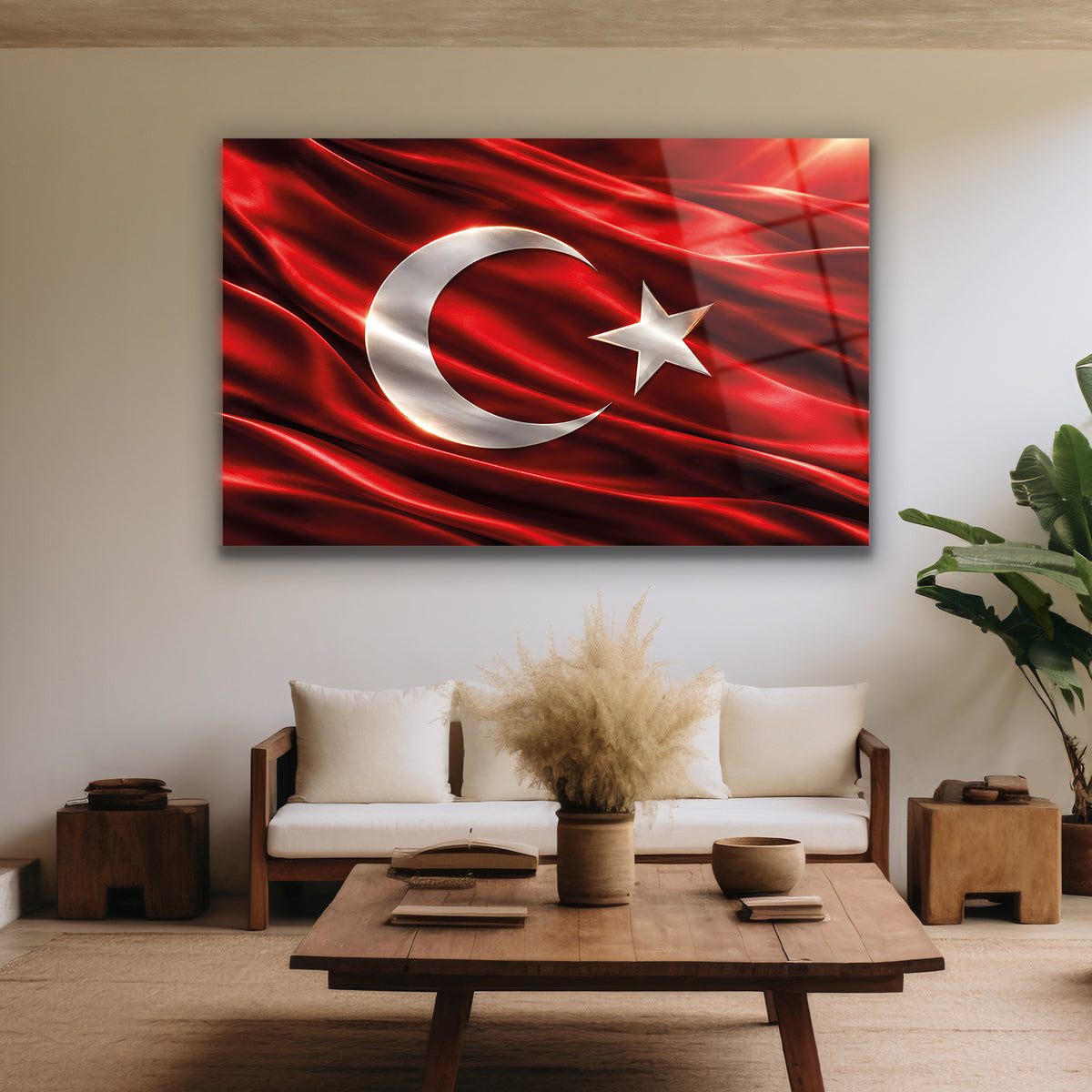 Beyaz hilal ve yıldız detaylı yoğun kırmızı bayrak duvar dekorasyonu