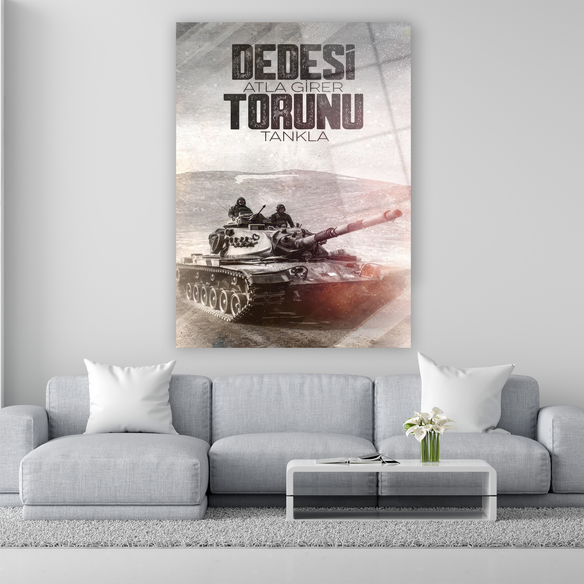 dedesi atla girer torunu tankla yazılı askeri cam tablo