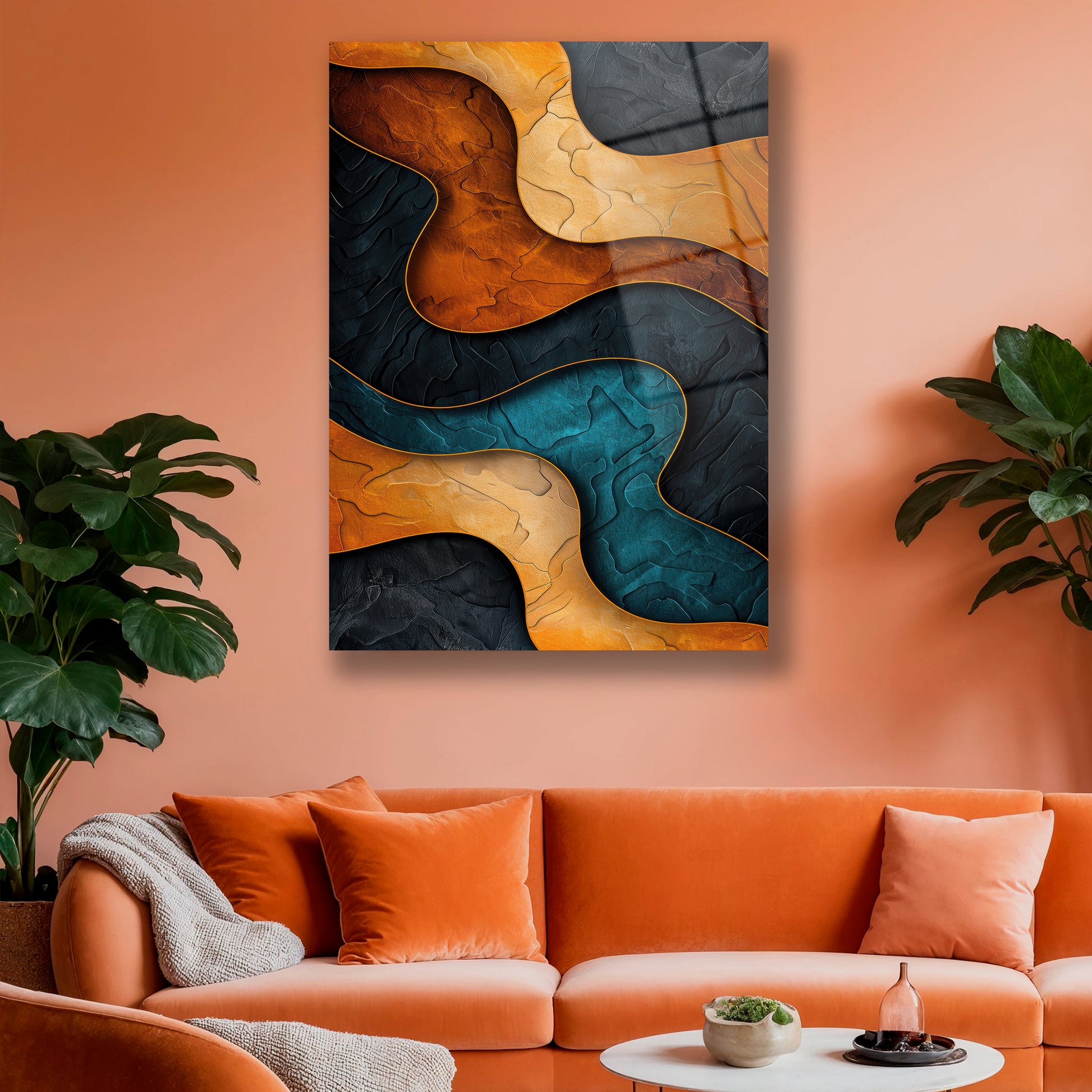 Altın ve Petrol Mavisi Mermer Desenli Cam Baskı