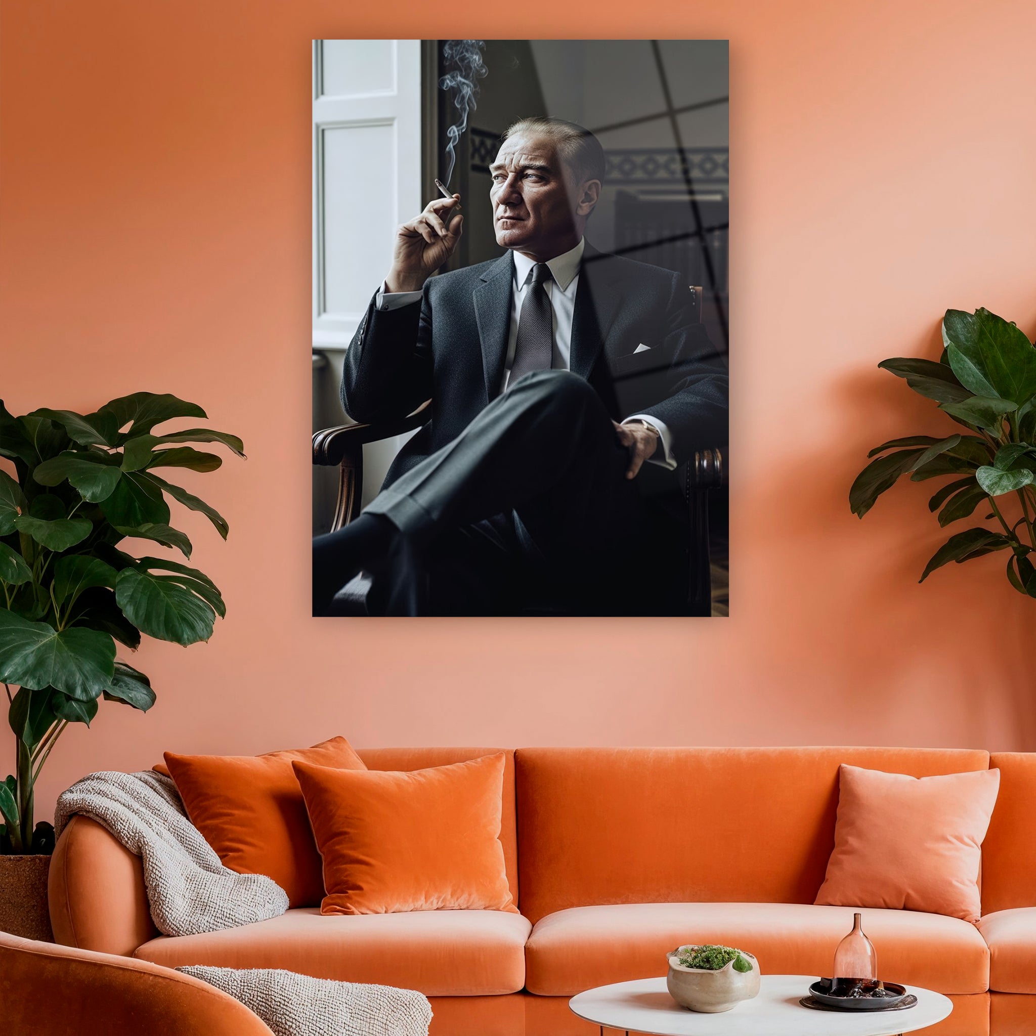 Dekorica Atatürk koleksiyonu siyah takım elbiseli asil cam tablo