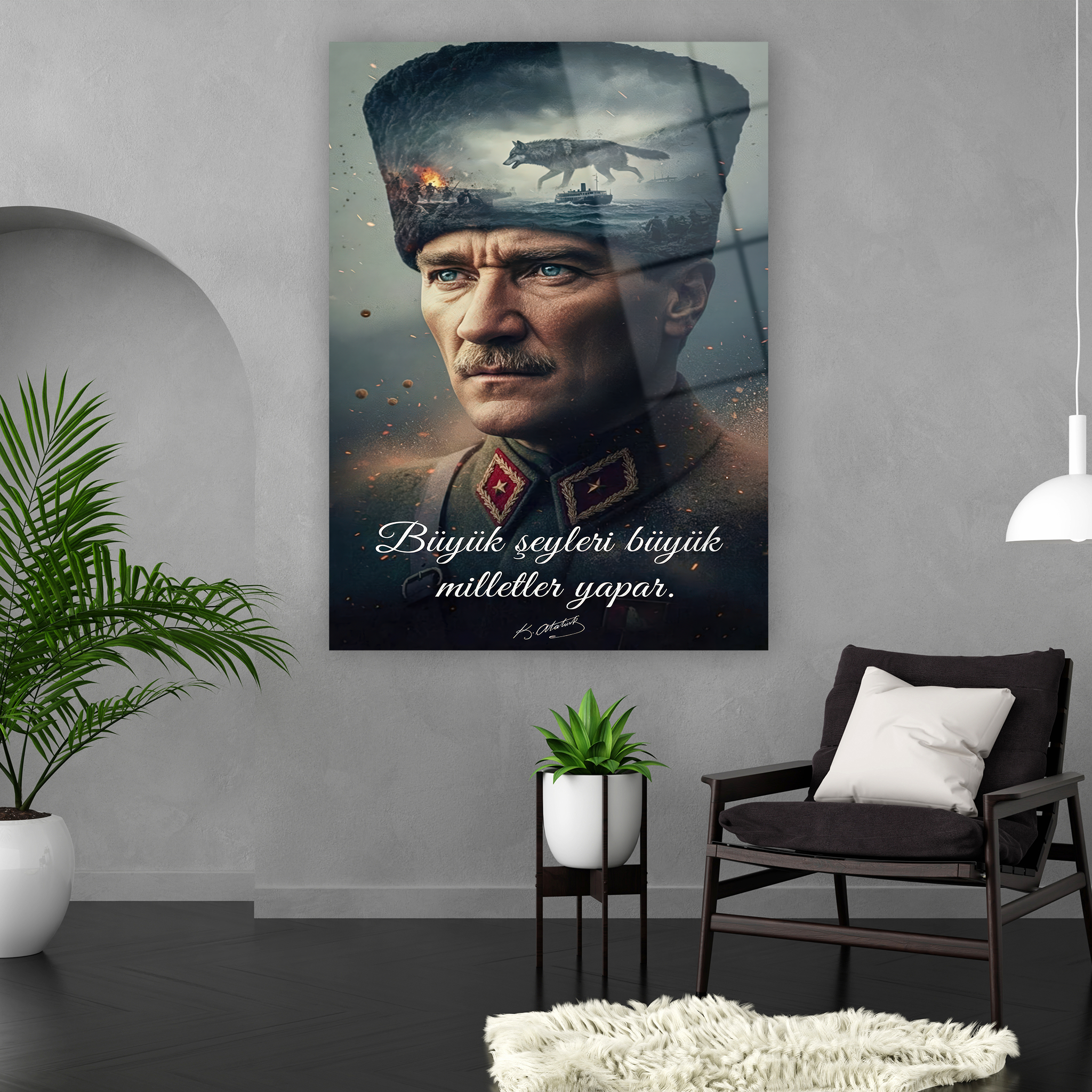Atatürk silüeti ve kurt figürlü yüksek çözünürlüklü cam tablo