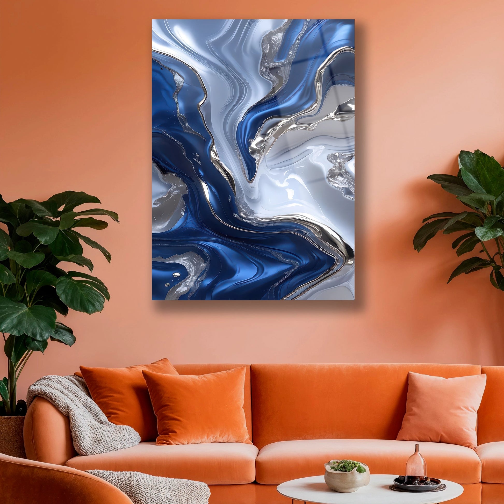 4mm Temperli Cam Üzerine Lüks Mavi Mermer Desenli Baskı