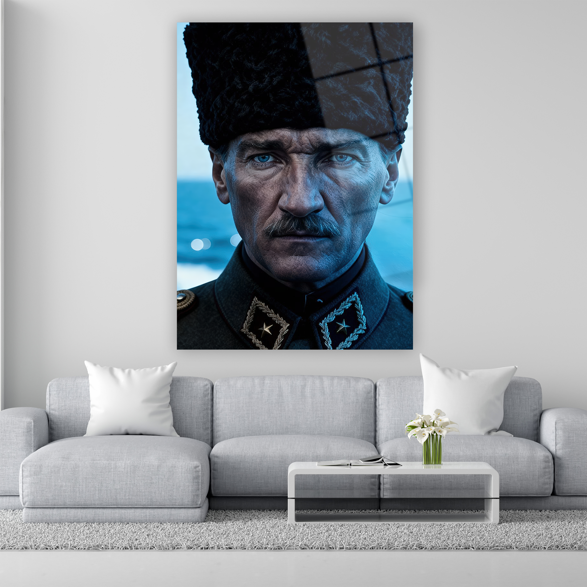 delici bakışlı hiper gerçekçi kalpaklı atatürk portresi cam tablo