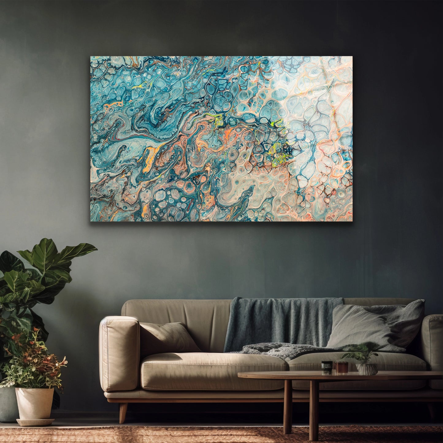 deniz temalı soyut boyama tekniği duvar cam tablosu