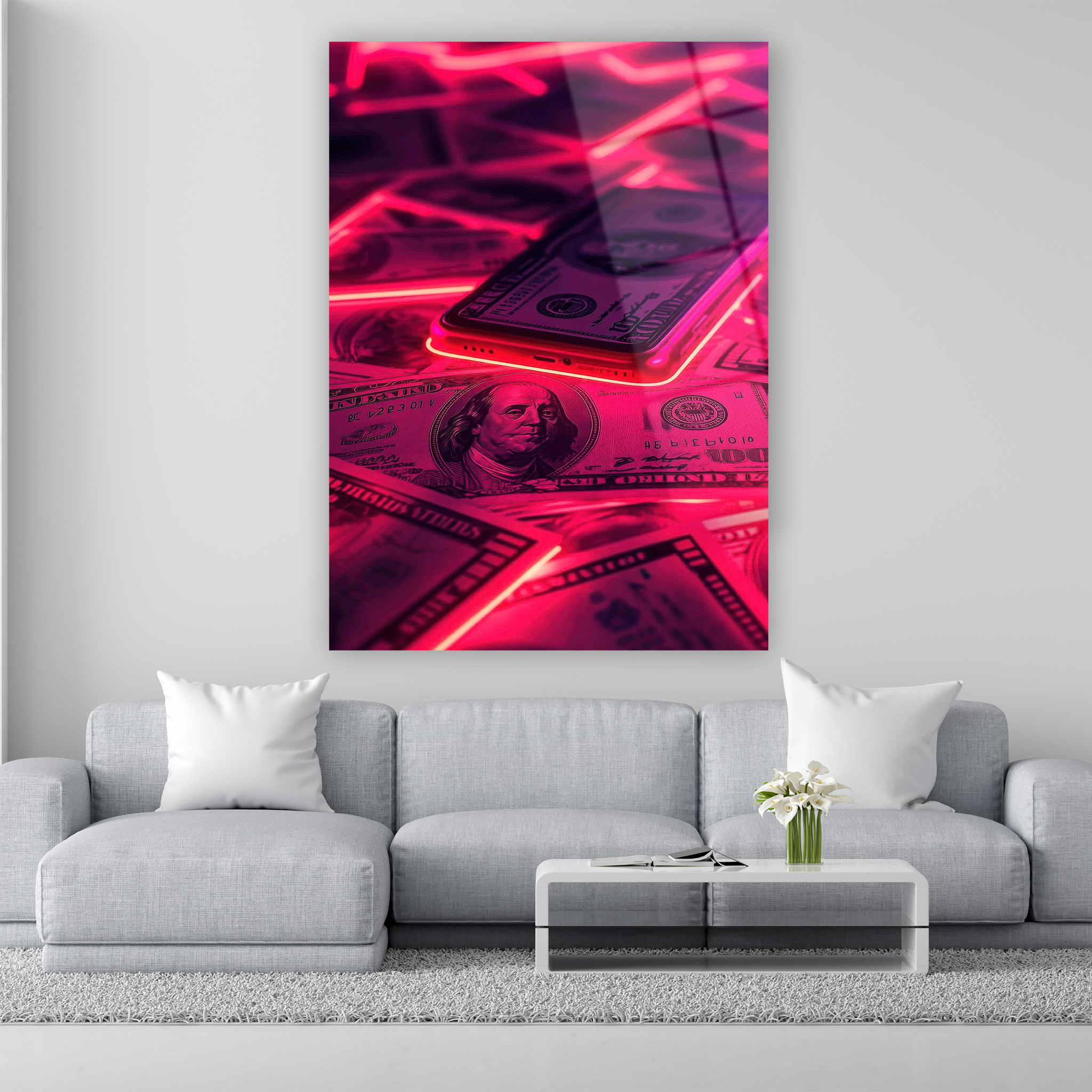 modern ofis için neon money art cam baskı